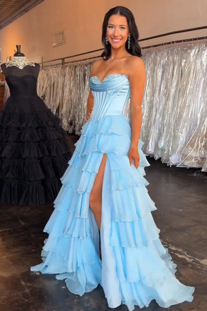 Strapless A-Line Ruffle Long Prom Dress With Split