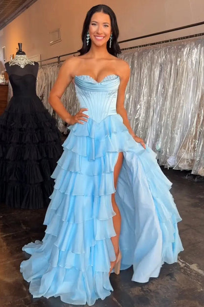 Strapless A-Line Ruffle Long Prom Dress With Split