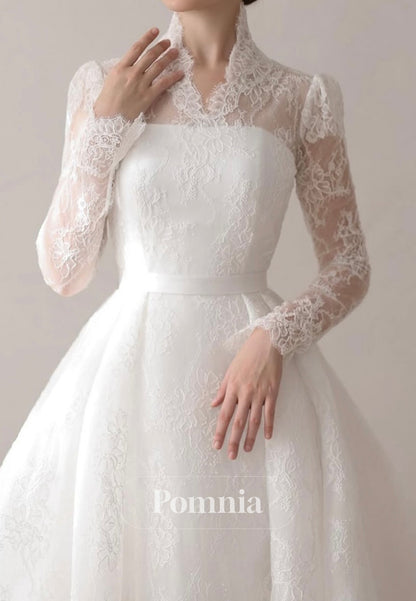 Charming A-Line Long Sleeves V-Neck Appliques Wedding Dress