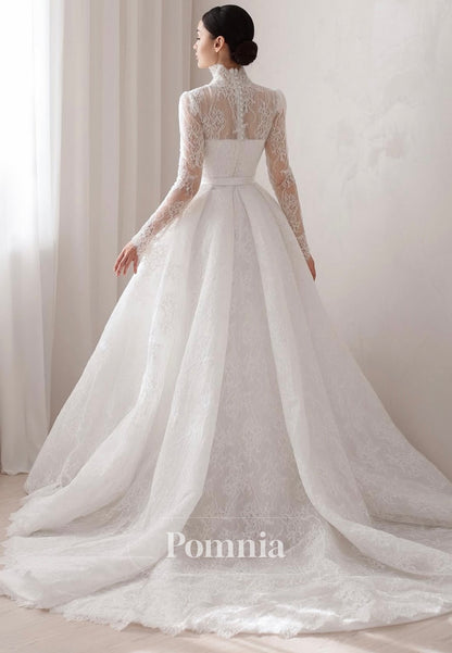 Charming A-Line Long Sleeves V-Neck Appliques Wedding Dress