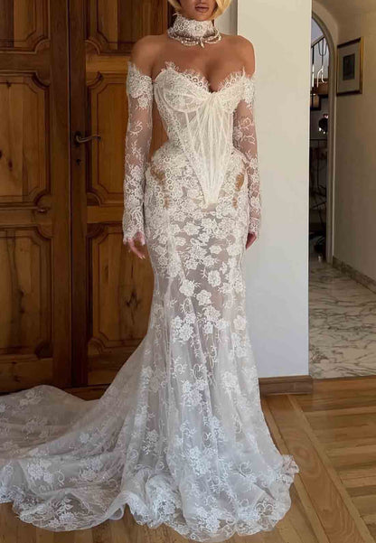 Sheer Court Train Off the Shoulder Lace Corset Mermaid Wedding Dresses