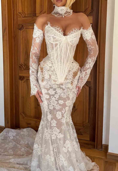 Sheer Court Train Off the Shoulder Lace Corset Mermaid Wedding Dresses
