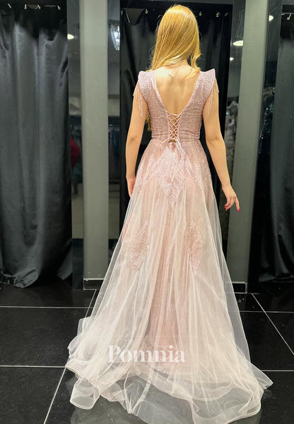 Charming A-Line Spaghetti Straps V-Neck Sequins Prom Dress