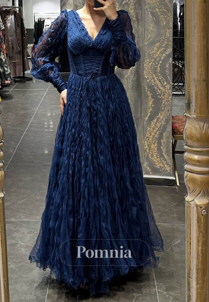 Charming Long Sleeves V-Neck Appliques Prom Dress