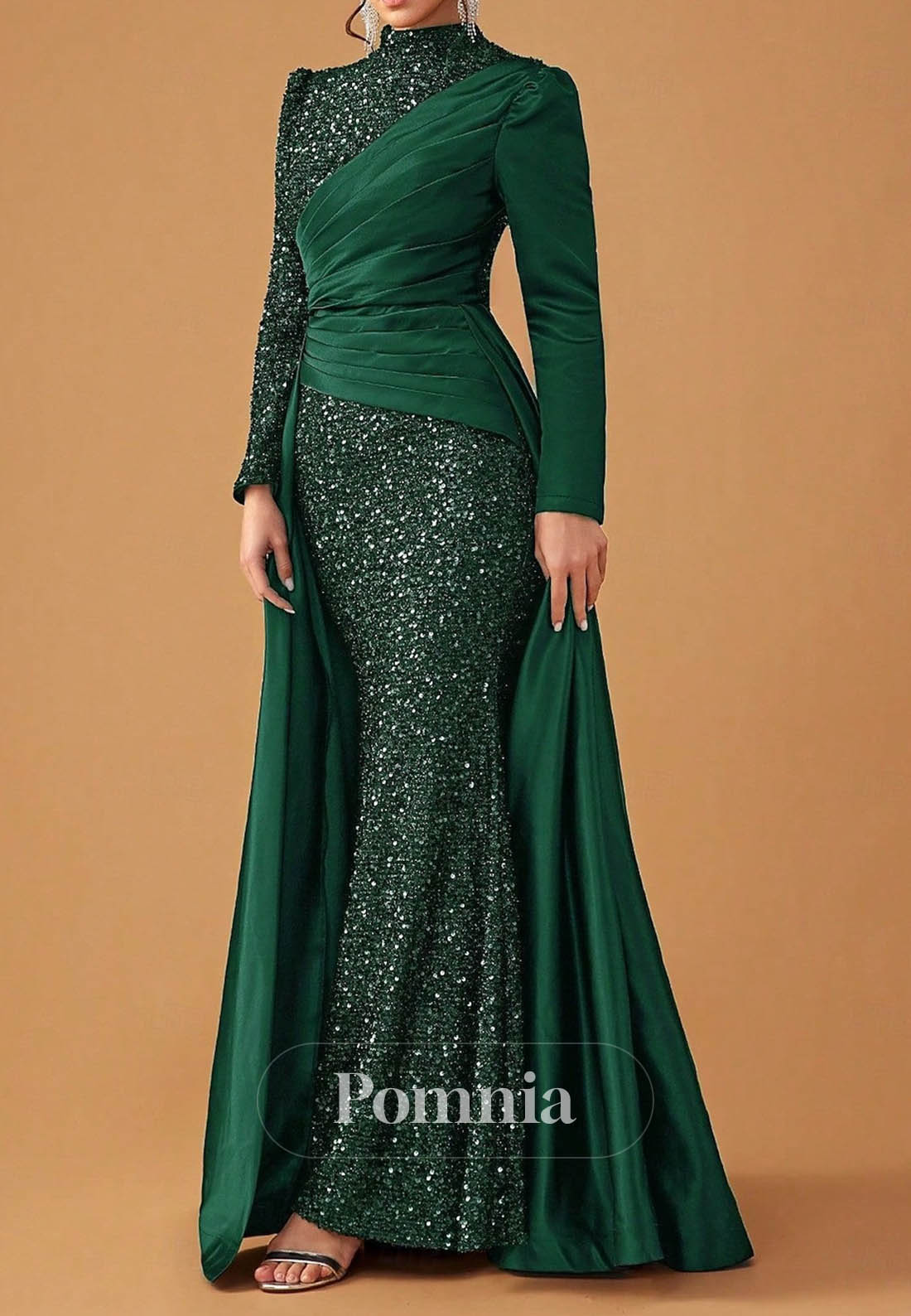 Elegant Party Black Dress Long Sleeve Cowl Neck Formal Lace with Sequin