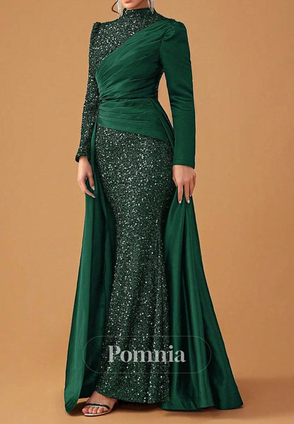 Elegant Party Black Dress Long Sleeve Cowl Neck Formal Lace with Sequin