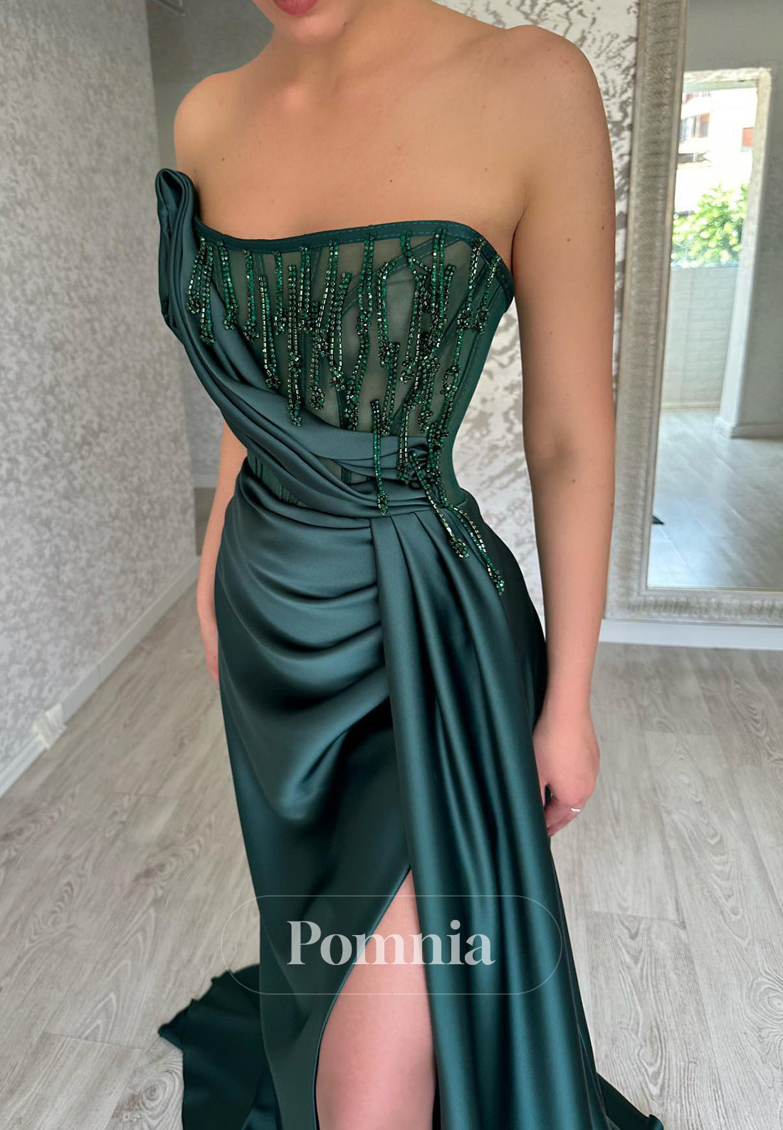 Peacock Sheath Sleeveless Strapless Slit Evening Dress