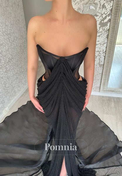 Black Sleeveless Scoop Slit Ruched Evening Dress