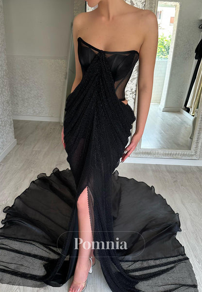Black Sleeveless Scoop Slit Ruched Evening Dress