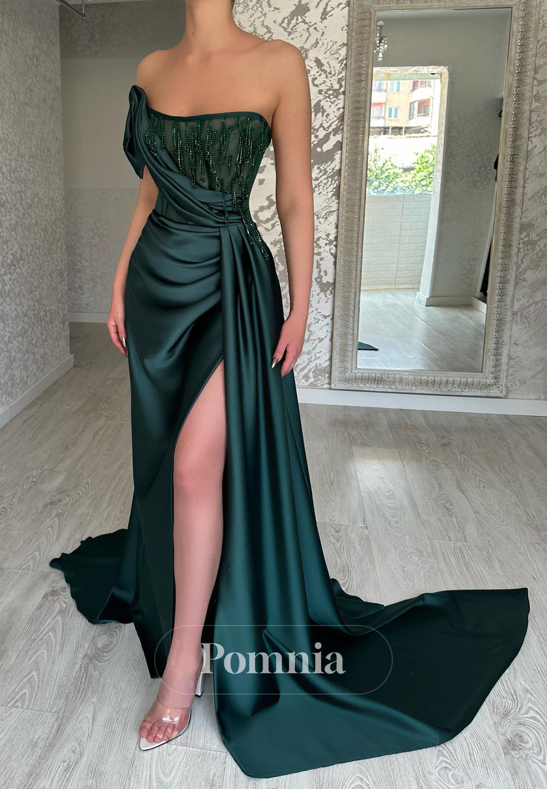 Peacock Sheath Sleeveless Strapless Slit Evening Dress
