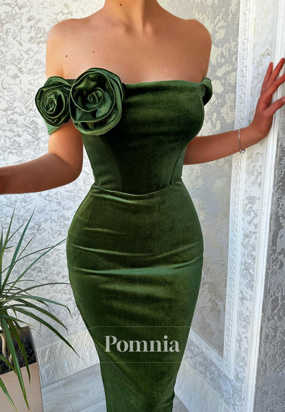 Eucalyptus Off-Shoulder Ruched Velvet Evening Dress