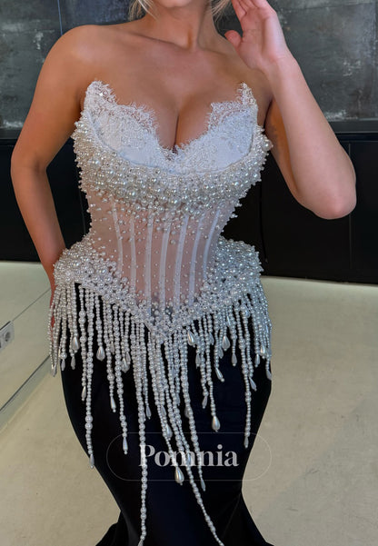 Charming Strapless Sleeveless Pearls Evening Dress