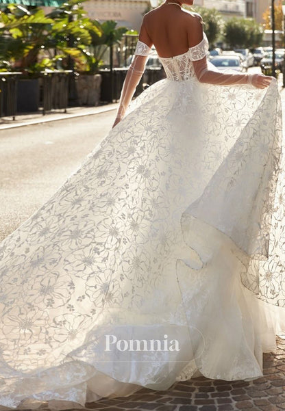 A-Line Scoop Sleeveless Corset Tulle Lace Wedding Dress