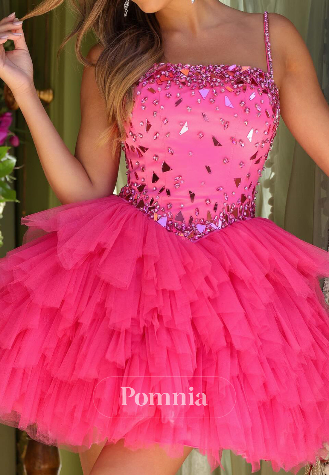 A-Line Spaghetti Straps Square Appliques Sequins Homecoming Dress