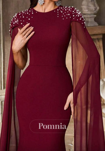 Burgundy Long Sleeves Scoop Corset Mermaid Evening Dress