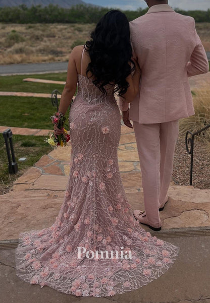 Blushing Pink Sleeveless Sweetheart Slit Appliques Prom Dress