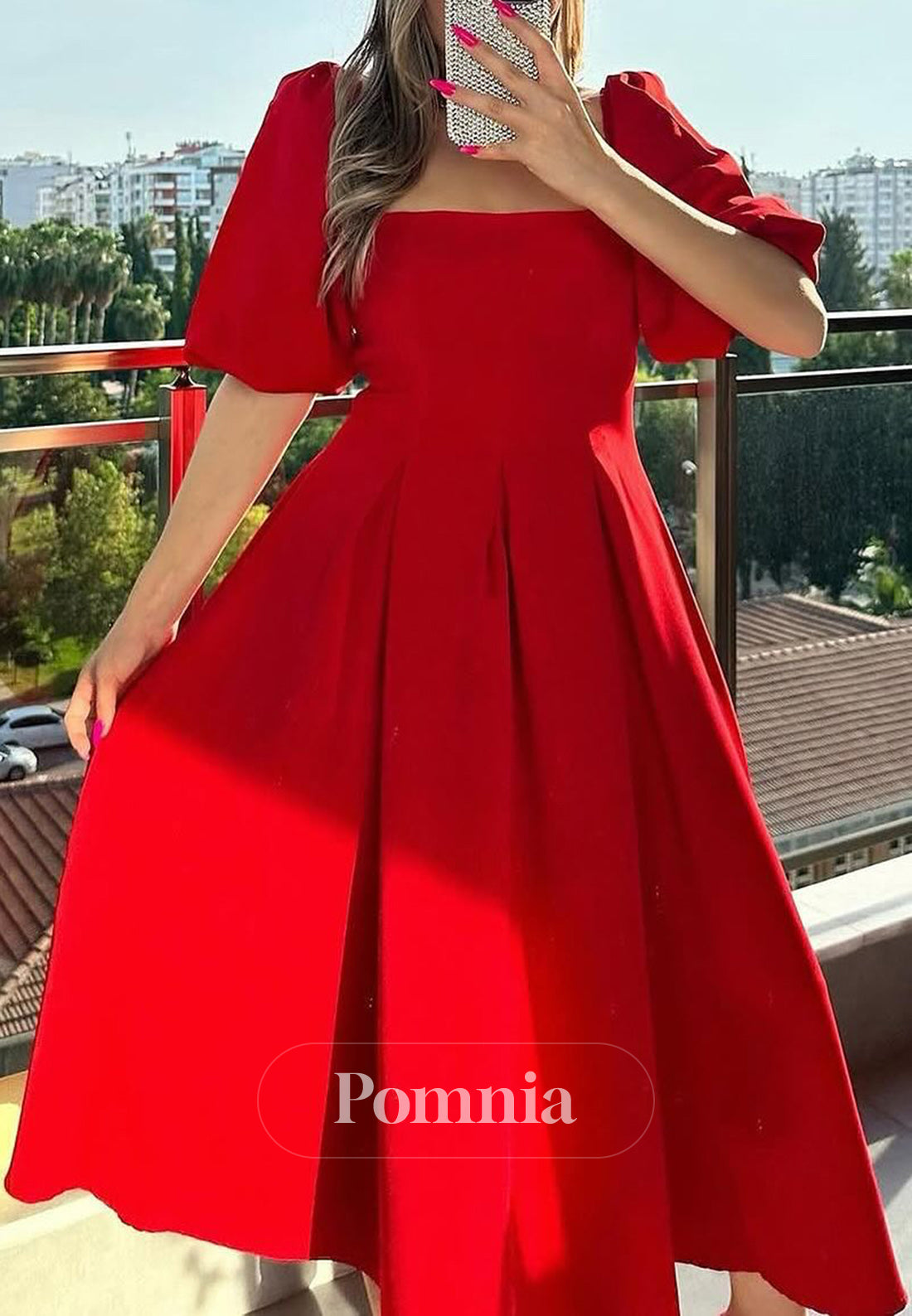 Red Short Sleeves Square Short Semi-Formal Dress