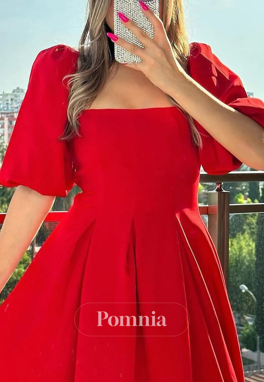 Red Short Sleeves Square Short Semi-Formal Dress