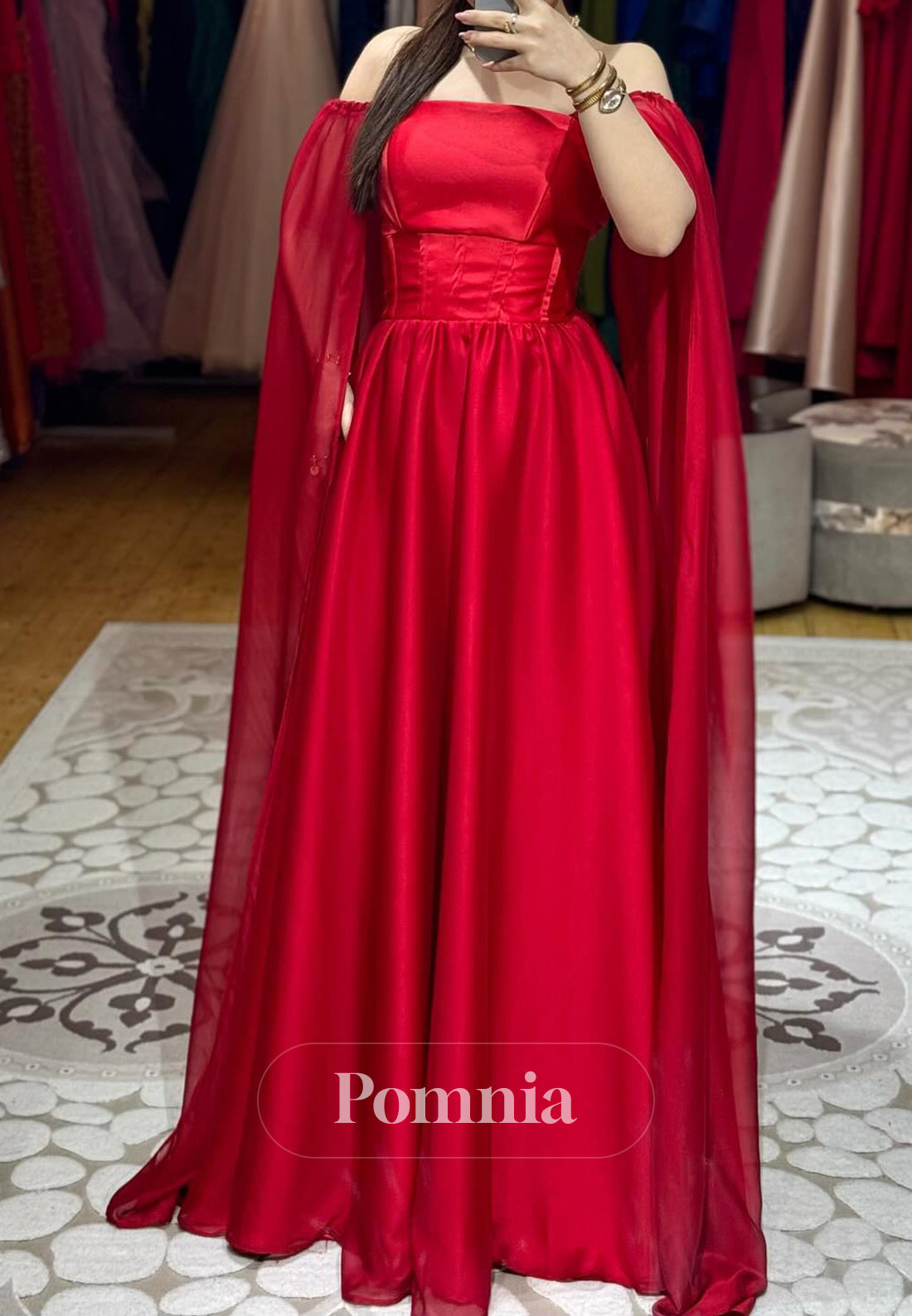 Red Cap Sleeves Square Corset Evening Dress