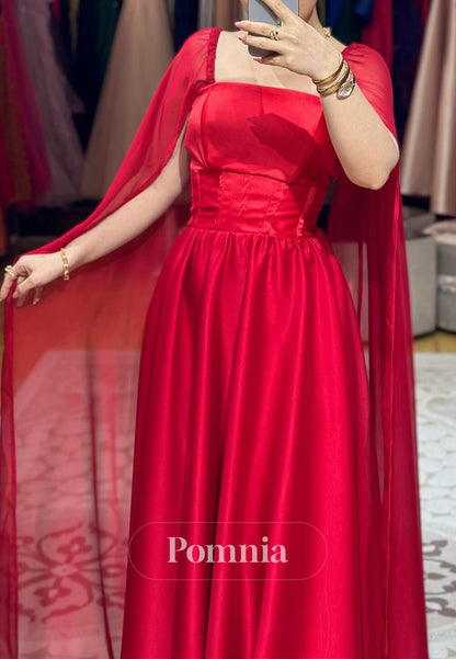 Red Cap Sleeves Square Corset Evening Dress