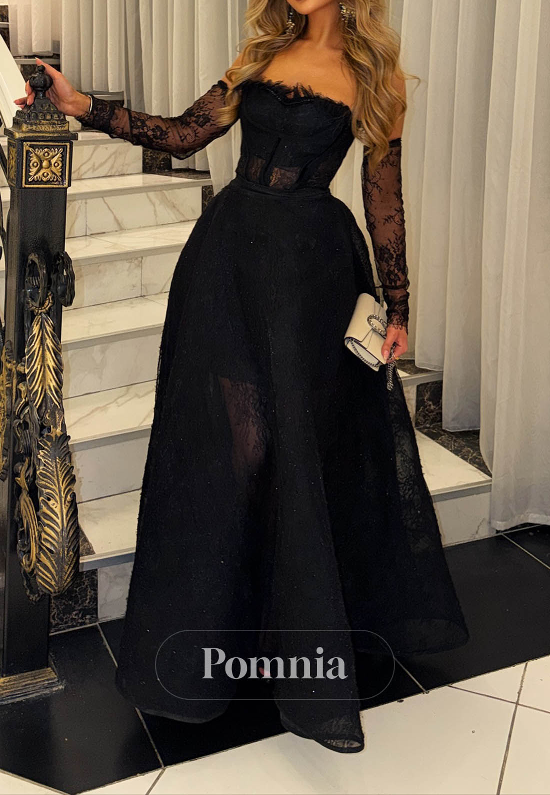 Black Long Sleeves Square A-Line Appliques Prom Dress