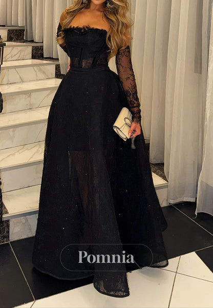 Black Long Sleeves Square A-Line Appliques Prom Dress