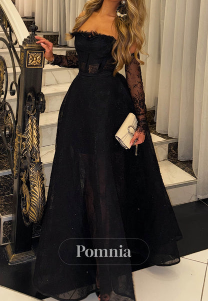 Black Long Sleeves Square A-Line Appliques Prom Dress