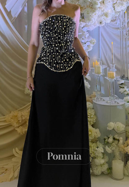 Black Sleeveless Strapless Beads A-Line Prom Dress
