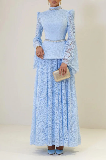 Rhinestone Embroidery Mock Neck Top Maxi Dress