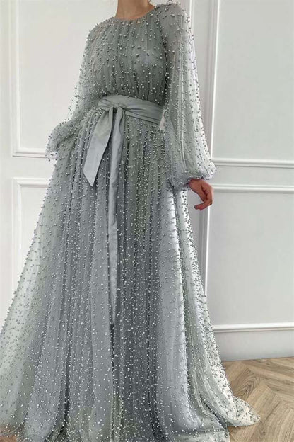 Long Sleeves Long Jewel Neck Prom Dress With Pleated Beading