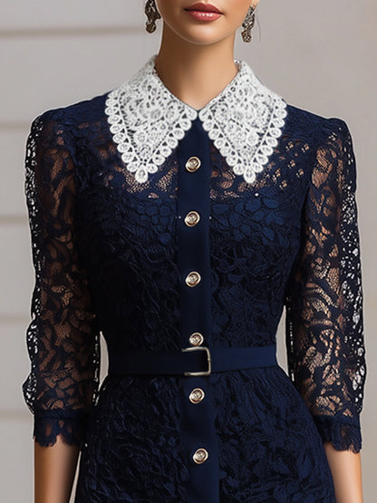 Elegant Lace Button-Front Midi Dress With White Collar