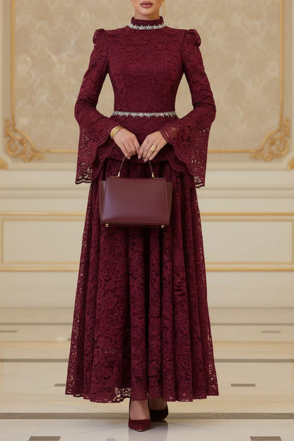 Rhinestone Embroidery Mock Neck Top Maxi Dress