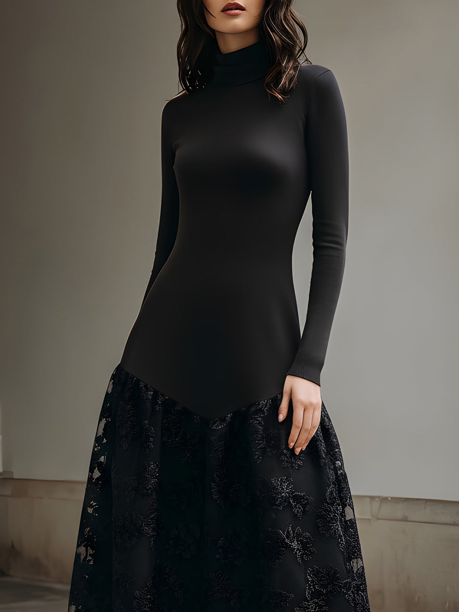 Black Knit And Lace Contrast Midi Dress