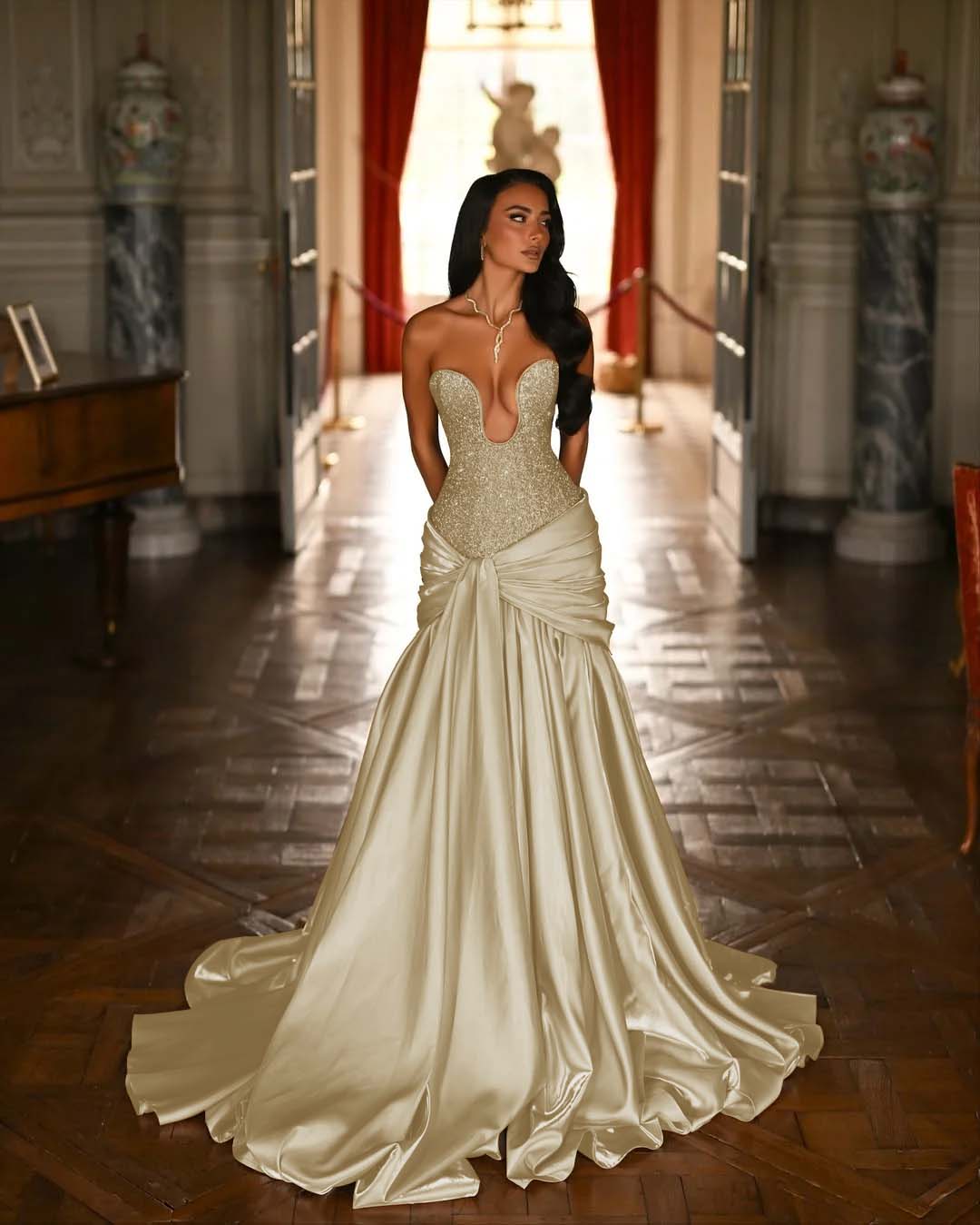 V-Neck Strapless Sleeveless Long Pleated Mermaid Prom Dress With Ruffles And Beadings