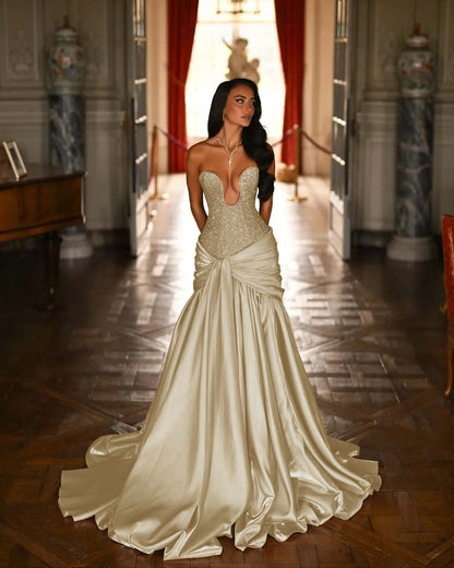 V-Neck Strapless Sleeveless Long Pleated Mermaid Prom Dress With Ruffles And Beadings