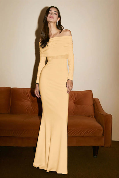 Strapless Long Sleeves Long Pleated Mermaid Prom Dress