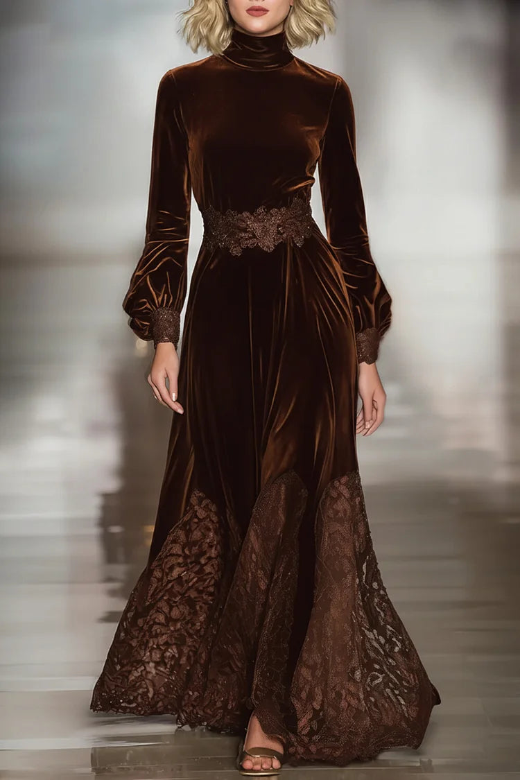 Lace Patchwork Turtleneck Balloon Sleeve Velvet Maxi Dress