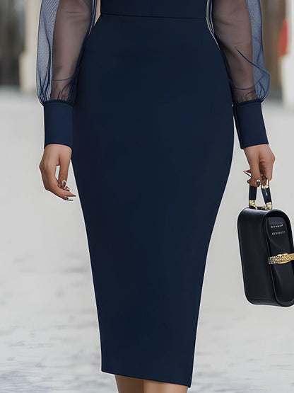 Navy Sheer-Sleeve Shirt Collar Bodycon Dress