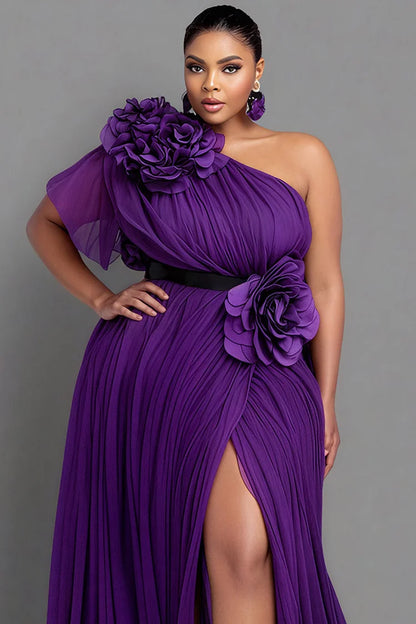 Formal Purple One Shoulder Short Sleeve 3D Elegant Split Chiffon Maxi Dress