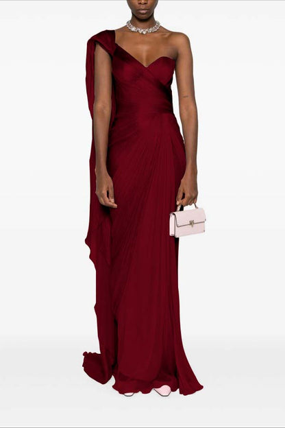 Asymmetric Neck One Shoulder Sleeveless Long Pleated Mermaid Prom Dress With Ruffles