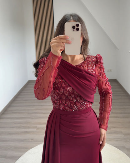 Long Sleeves Sweetheart Ruched Evening Dress