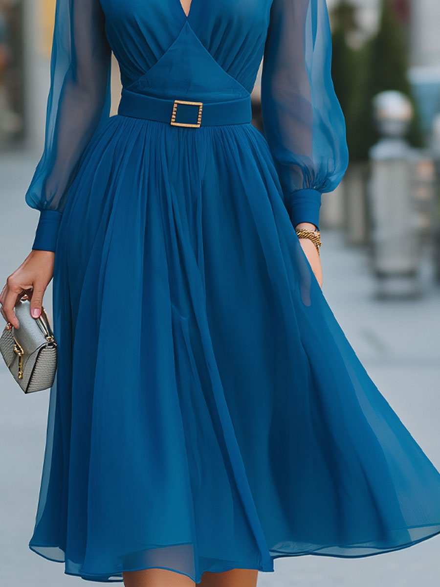 Teal Chiffon Long-Sleeve Belted Wrap Midi Dress