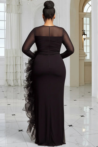 Formal Black Round Neck Long Sleeve 3D Elegant Split Tulle Maxi Dress
