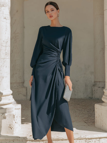 Draped Side-Tie Midi Dress With Elegant Long Sleeves