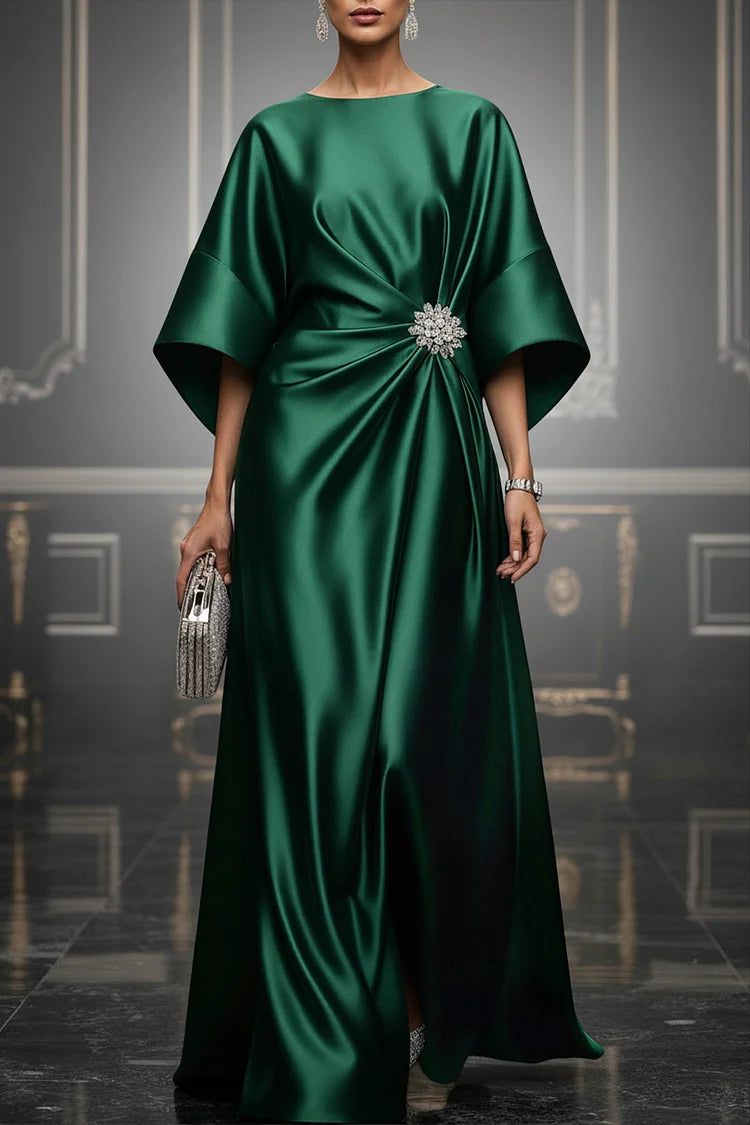 Formal Green Round Neck 3/4 Sleeve Fold Elegant Satin Maxi Dresses