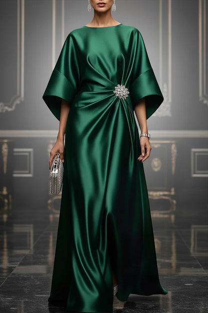 Formal Green Round Neck 3/4 Sleeve Fold Elegant Satin Maxi Dresses