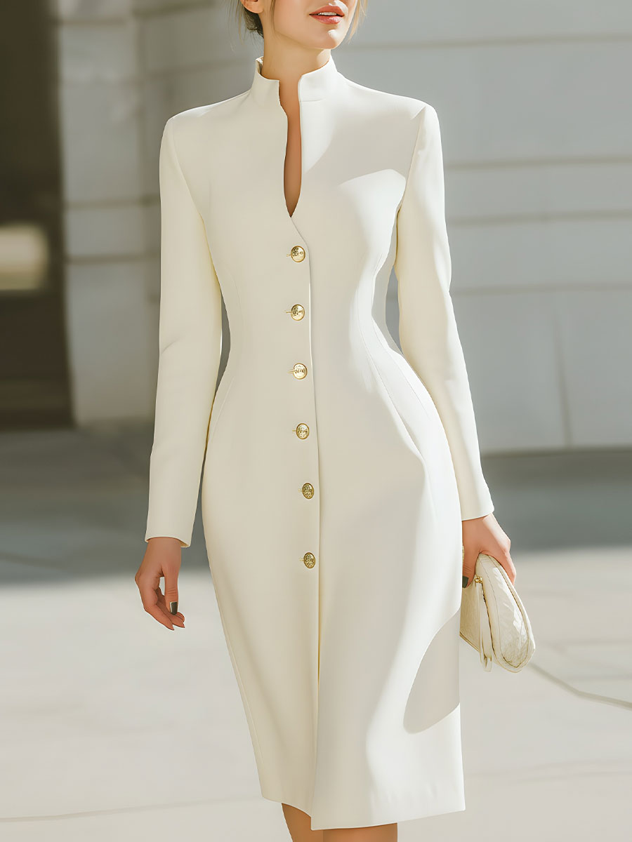Ivory Tailored High-Neck Midi Coat Dress With Gold-Tone Buttons