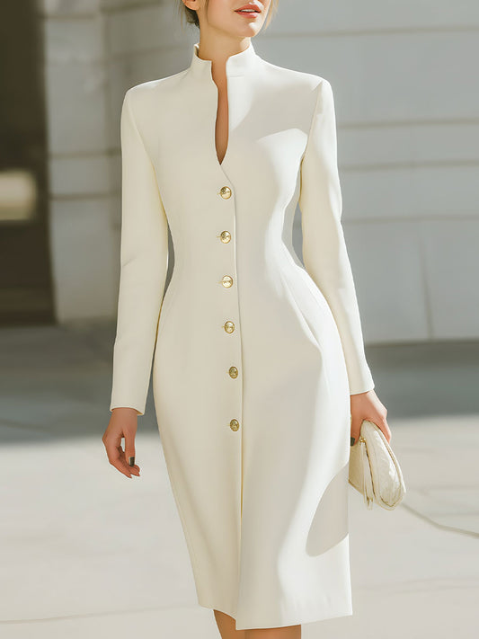 Ivory Tailored High-Neck Midi Coat Dress With Gold-Tone Buttons