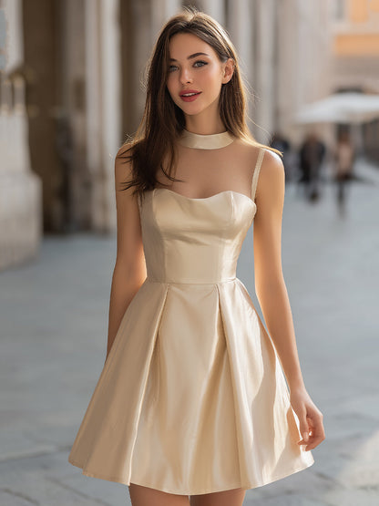 Chiffon Mesh-Panel Satin Mini Dress