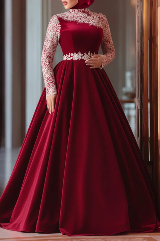 Embroidered Lace Cinch Waist Mock Neck Velvet Party Maxi Dress